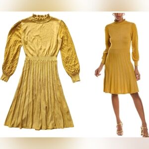 Nanette Lepore Gabriella Sweaterdress Large Gold Metallic Yellow Pleated Pearl